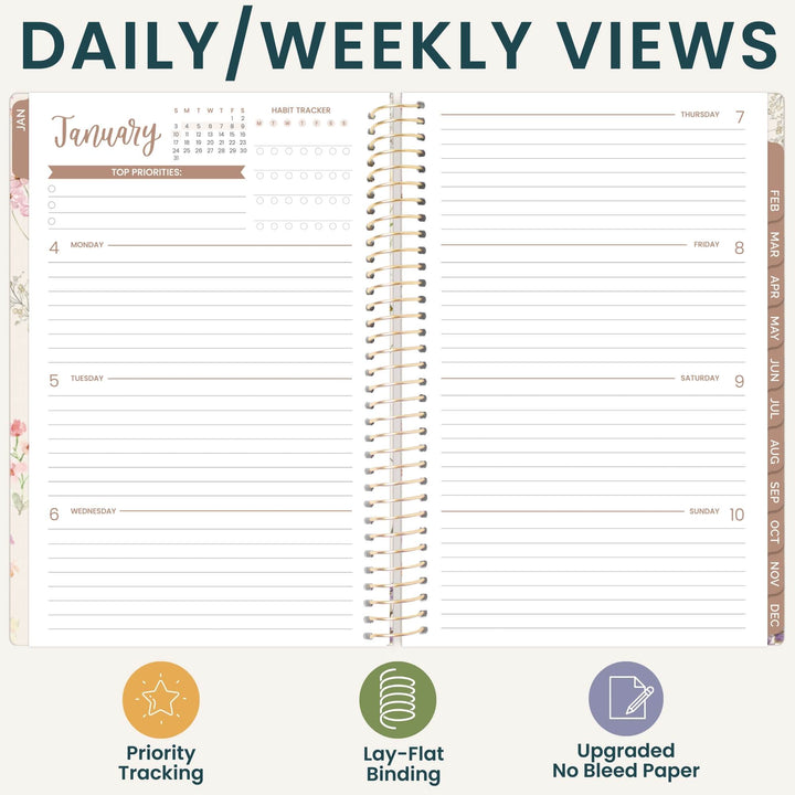 An open spiral-bound planner showing a daily and weekly view layout with lined sections for Monday through Sunday, plus feature icons and text at the bottom reading 'Priority Tracking,' 'Lay-Flat Binding,' and 'Upgraded No Bleed Paper.'.