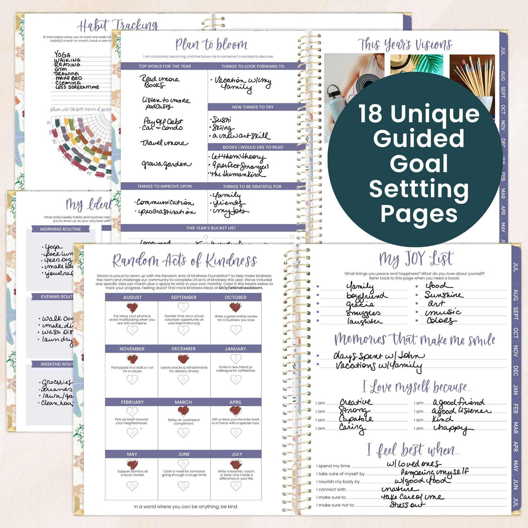 Guided goal setting pages from a planner with various sections and text.