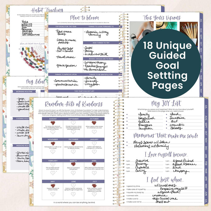 Guided goal setting pages from a planner with various sections and text.
