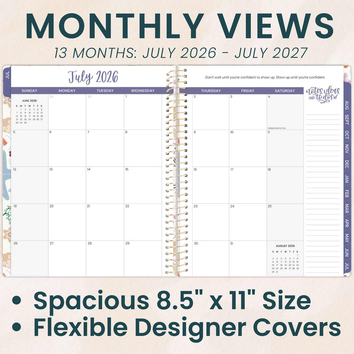 Monthly view planner with July 2026 to July 2027 dates, featuring a spacial 8.5" x 11" size and flexible designer covers.