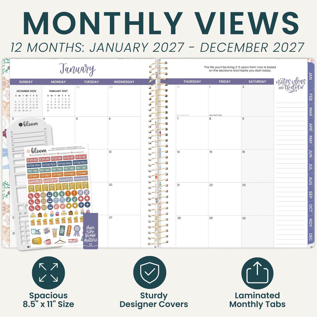 Monthly views planner spread for 12 months, gold spiral binding, tabbed navigation