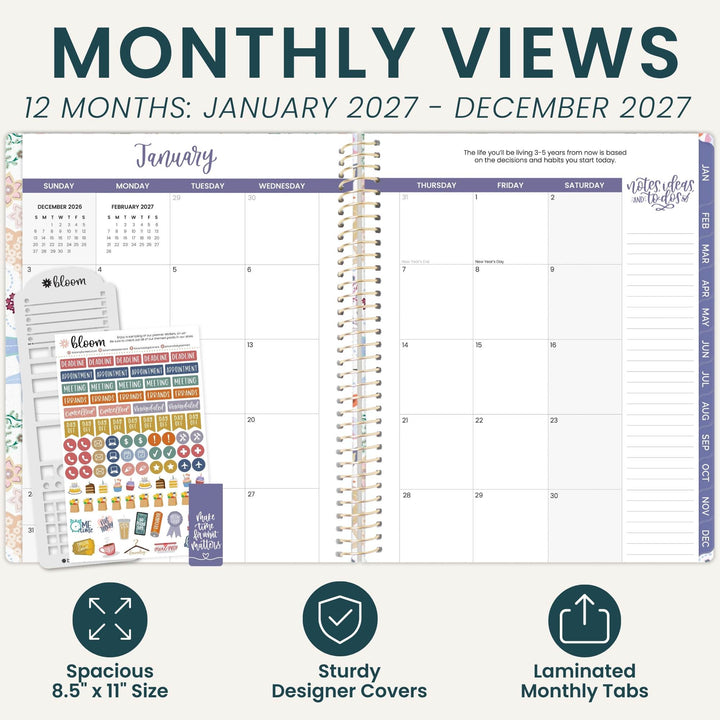 Monthly views planner spread for 12 months, gold spiral binding, tabbed navigation