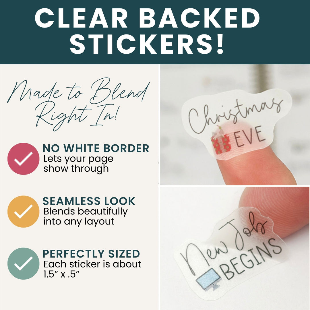 Clear-backed holiday stickers, no white border, seamless blend, approx 1.5 x 1.5 in each.