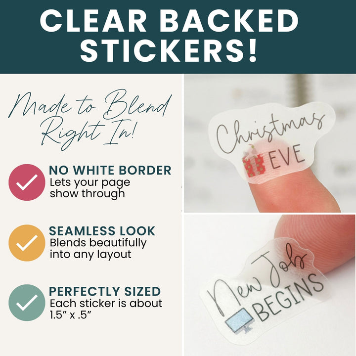 Clear-backed holiday stickers, no white border, seamless blend, approx 1.5 x 1.5 in each.