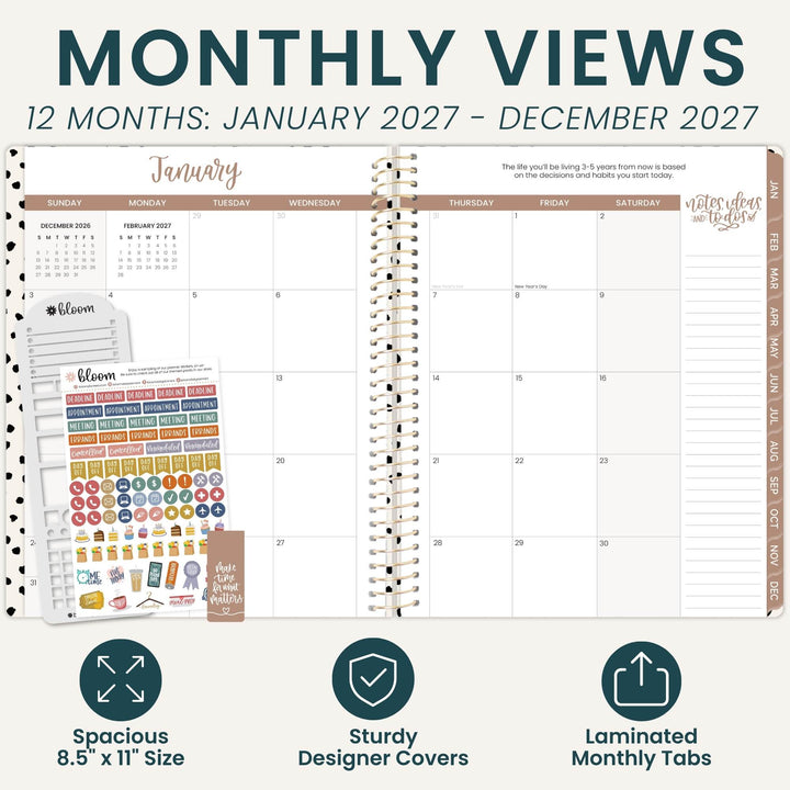 A planner-style monthly view cover and laminated monthly tabs shown on a light beige background with marketing text. The main product appears to be a planner insert or monthly view planner page set, with a spiral binder visible and sample sticker sheets included.