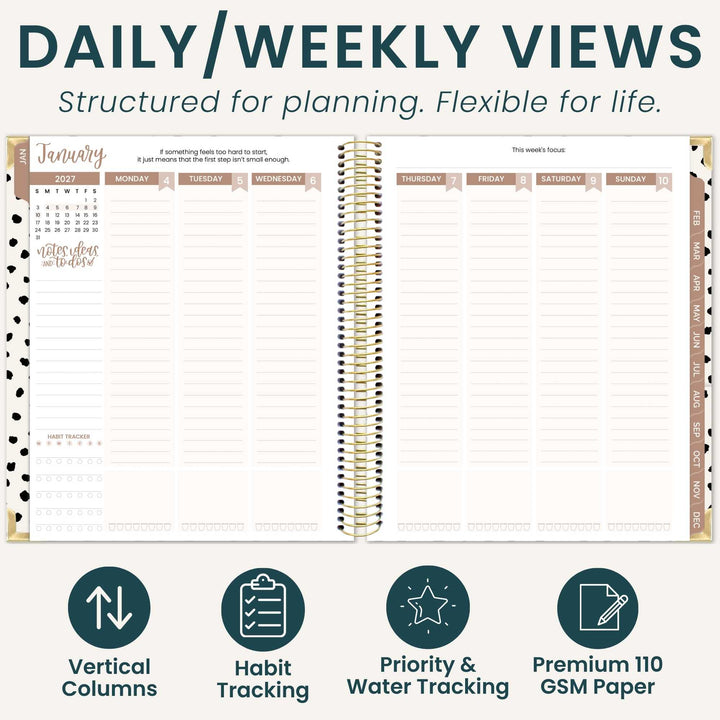 An open spiral-bound planner shown on a light gray background with the headline 'DAILY/WEEKLY VIEWS' and supporting text. The planner pages are mostly white with tan and dark teal printed sections for monthly, weekly, and daily planning.