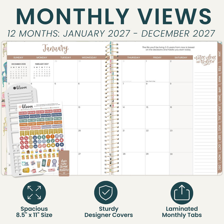 A promotional graphic for a laminated monthly planner view, showing an open spiral-bound January 2027 calendar page with planner stickers and feature callouts. Large text at the top reads 'MONTHLY VIEWS' and '12 MONTHS: JANUARY 2027 - DECEMBER 2027.