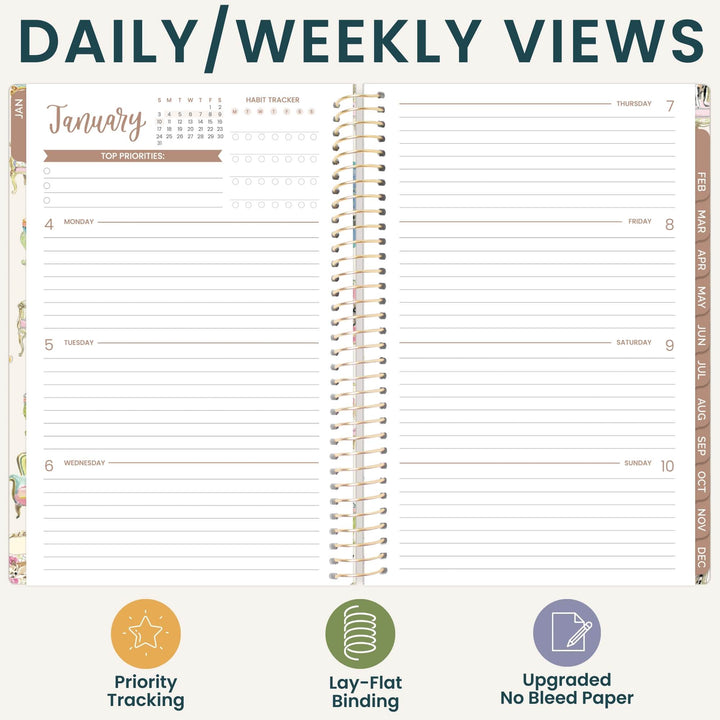 An open spiral-bound planner showing a daily and weekly view layout with lined sections for Monday through Sunday, a January calendar, and feature icons at the bottom highlighting priority tracking, lay-flat binding, and no bleed paper.