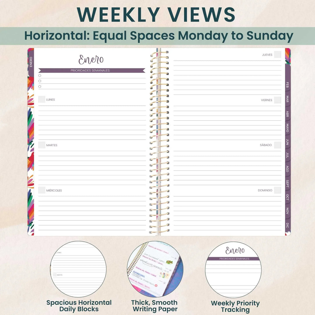 Weekly planner with horizontal layout, equal spaces from Monday to Sunday, on a beige background.