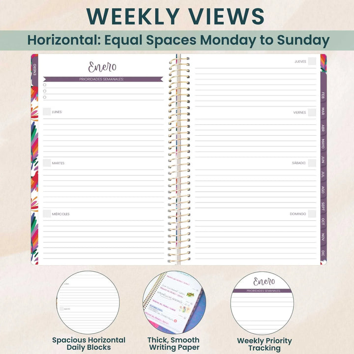 Weekly planner with horizontal layout, equal spaces from Monday to Sunday, on a beige background.