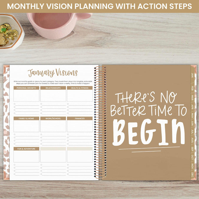 bloom daily planners 2024 Hardcover Calendar Year Goal & Vision Planner  (January 2024 - December 2024) - Monthly/Weekly Column View Agenda Organizer  - 7.5 x 9 - Tan Leopard 