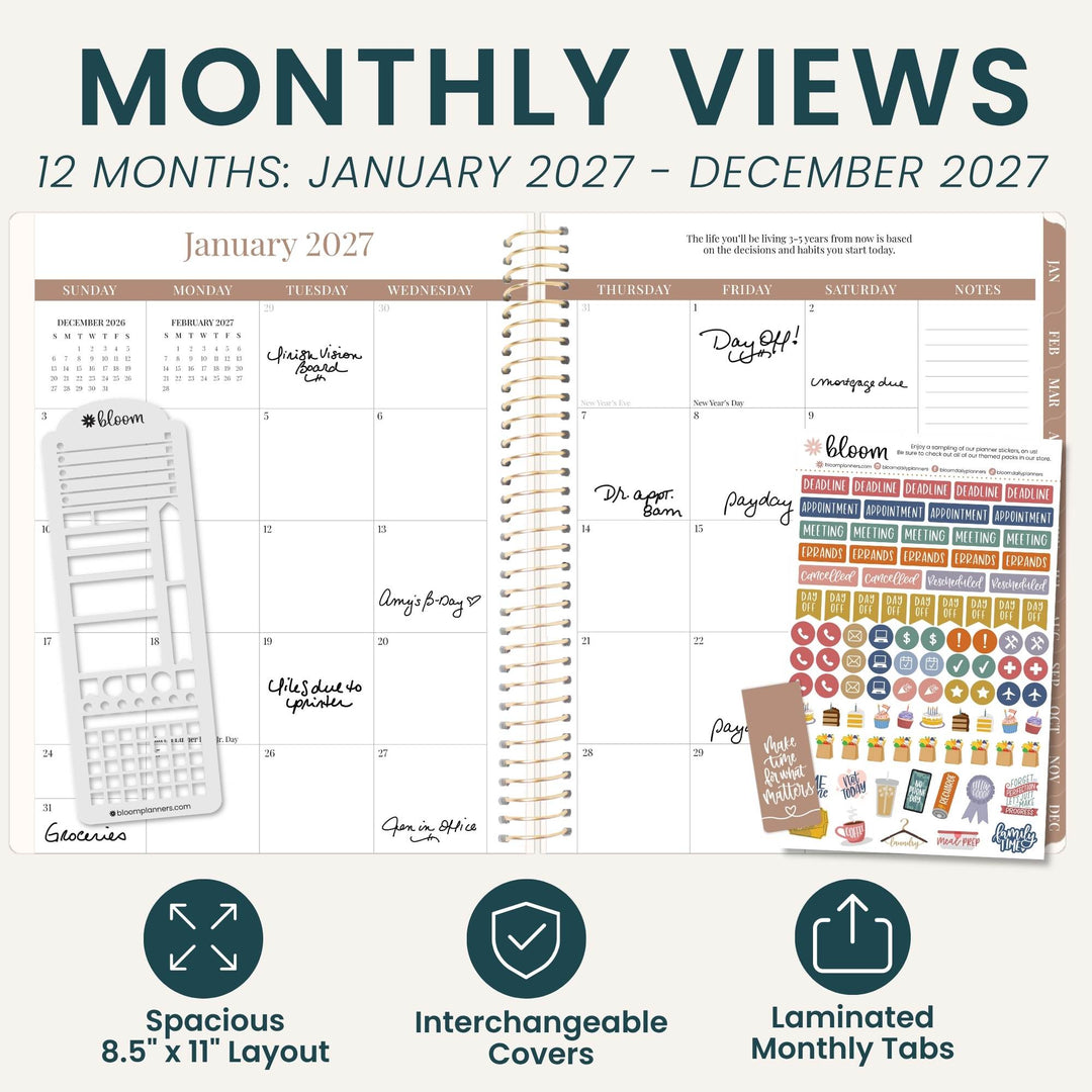 A promotional graphic for a monthly view planner showing a January 2027 calendar spread with spiral binding, handwritten notes, a white cover, and a sheet of colorful monthly tabs. Large text at the top reads 'MONTHLY VIEWS' and '12 MONTHS: JANUARY 2027 - DECEMBER 2027,' with feature icons below describing spacious 8.