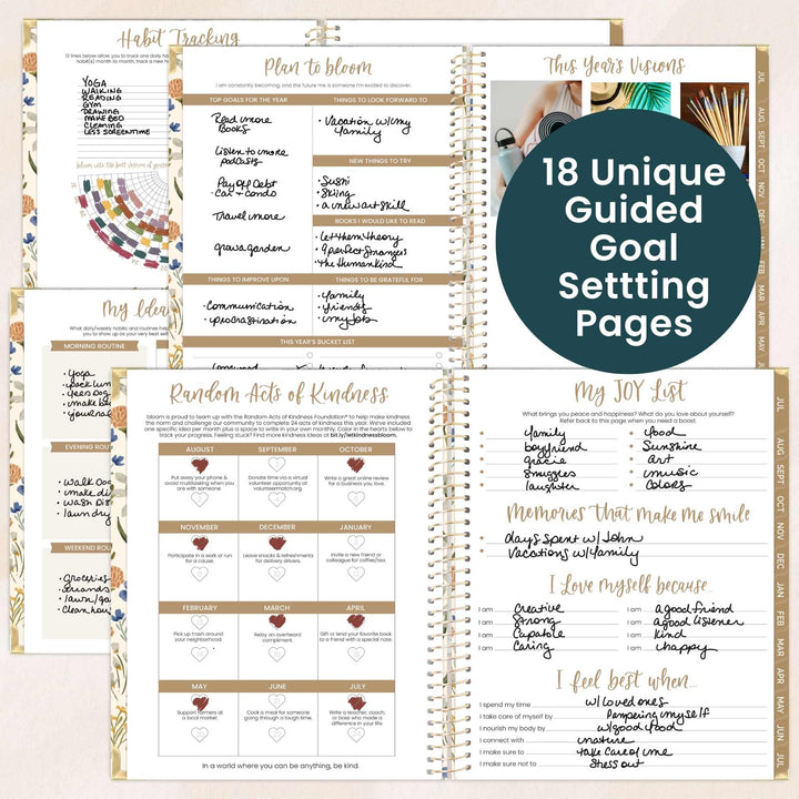Guided goal setting pages with various activities and prompts on a white background.