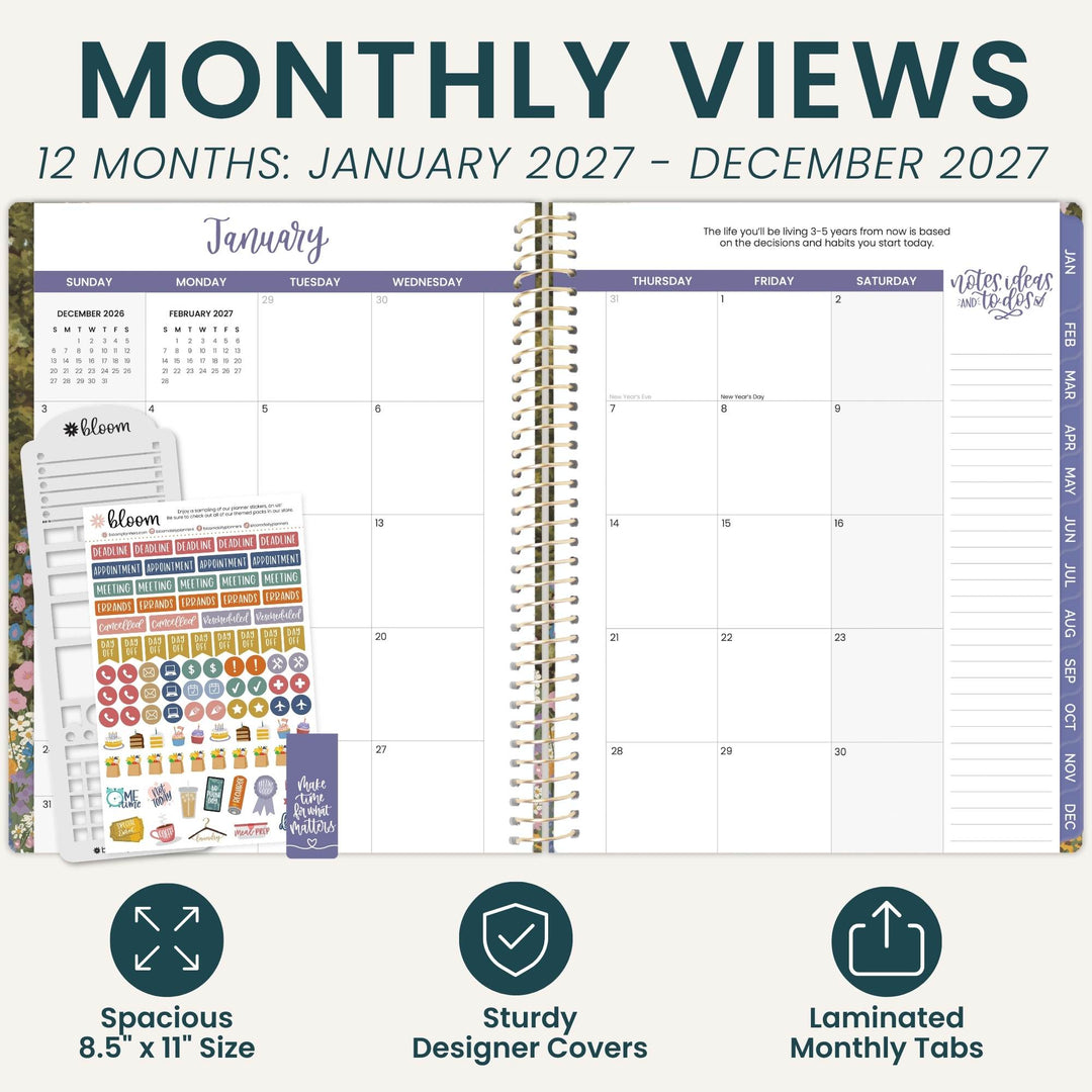 Monthly planner spread shown on a light beige background with large text reading 'MONTHLY VIEWS' and '12 MONTHS: JANUARY 2027 - DECEMBER 2027.' The planner pages are open to a January grid, with decorative sticker sheets and planner tabs visible.