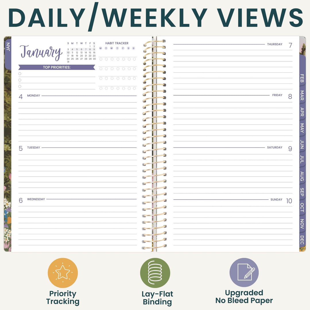 An open spiral-bound planner showing a January weekly view layout with lined daily sections, a calendar, and a habit tracker. Large text at the top reads 'DAILY/WEEKLY VIEWS,' and three feature icons and labels appear along the bottom: 'Priority Tracking,' 'Lay-Flat Binding,' and 'Updated No Bleed Paper.
