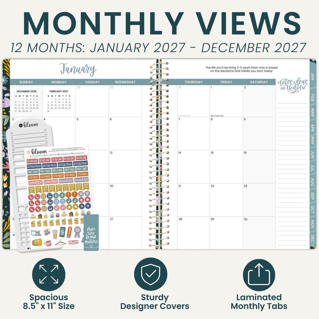An open spiral-bound planner shown with promotional text reading 'MONTHLY VIEWS' and '12 MONTHS: JANUARY 2027 - DECEMBER 2027.' The planner pages are white with teal headers and a grid layout.