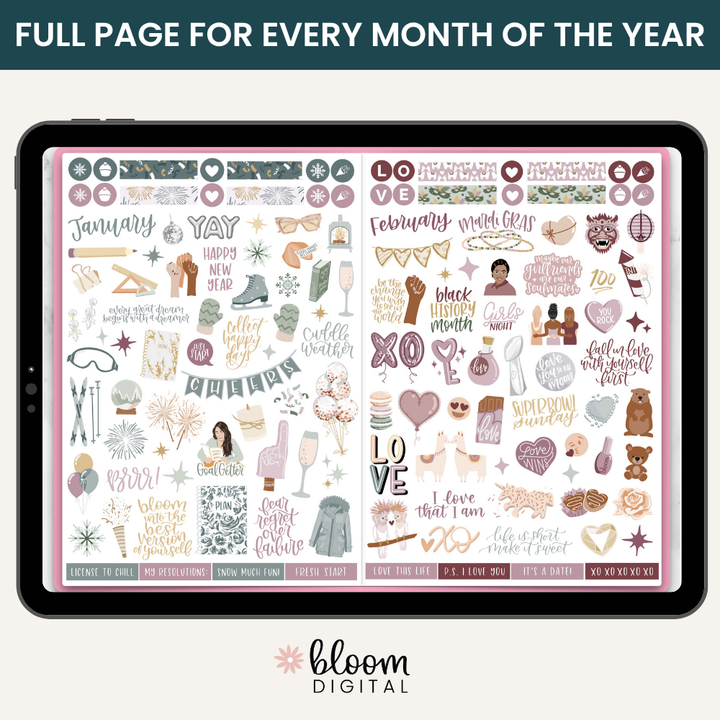 Digital Planner Stickers, Monthly Celebrations, Cool Tones