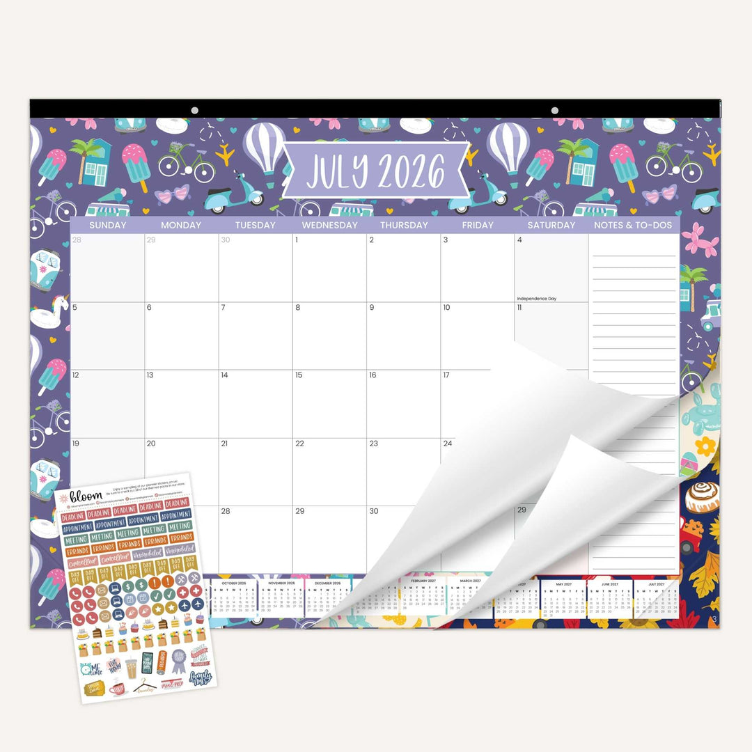 July 2026 calendar with decorative border and additional stickers on a white background