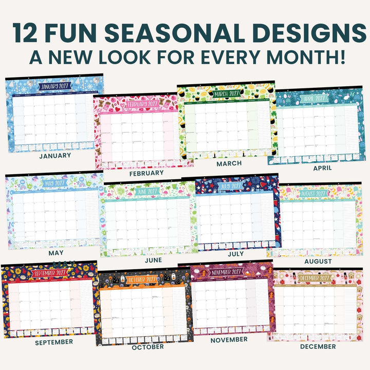 Set of 12 monthly calendars with different seasonal designs for each month.