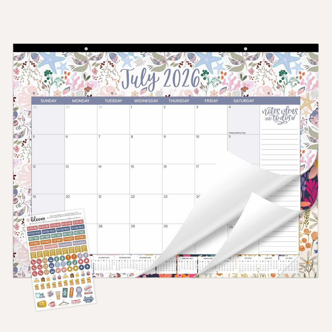 Floral-themed wall calendar for July 2026 with a set of stickers on a white background