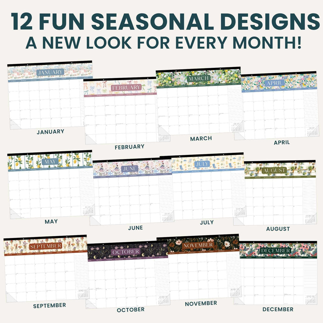Calendar designs for each month with seasonal themes on a white background.
