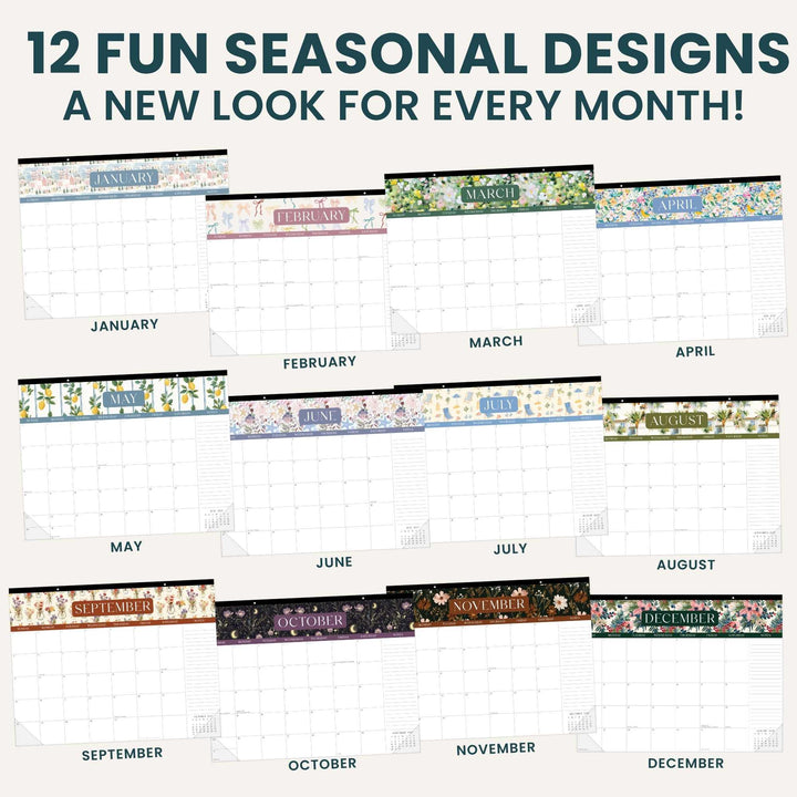 Calendar designs for each month with seasonal themes on a white background.