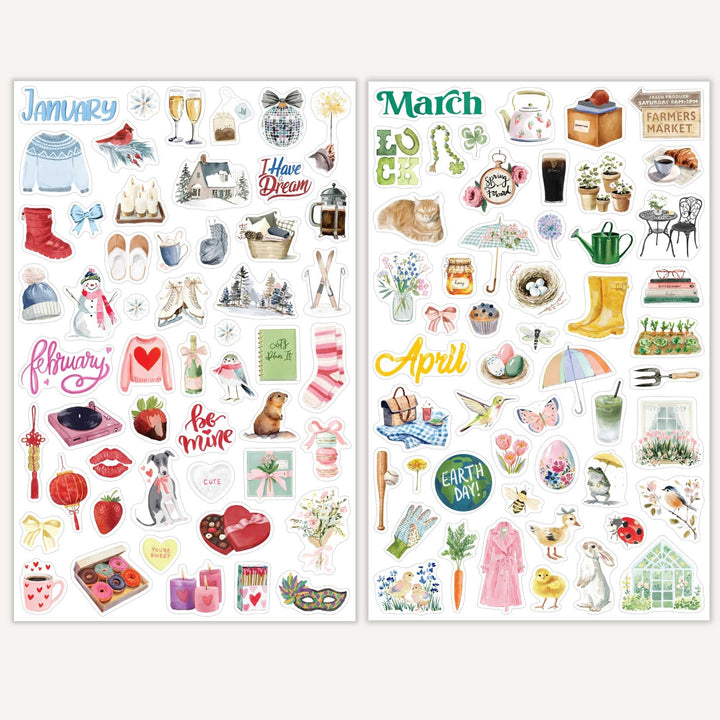 January/February and March/April sticker sheets side by side.