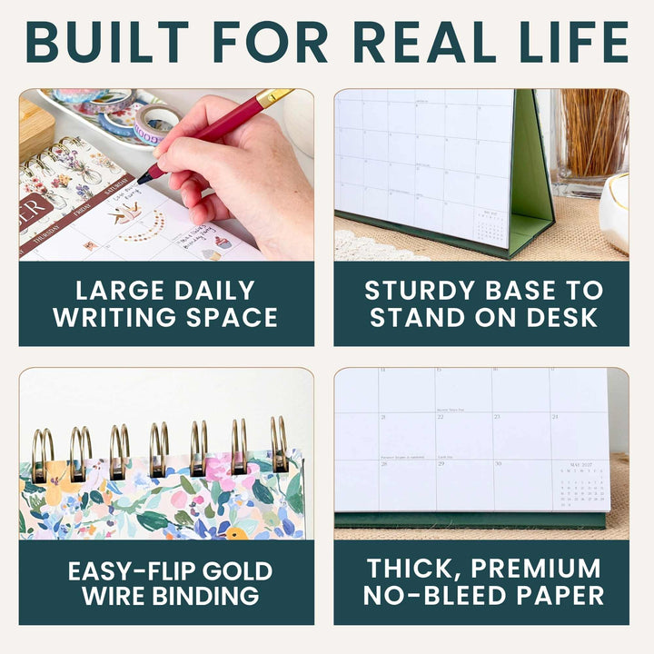 Feature callouts showing large writing space, sturdy base, gold wire binding, and thick paper.