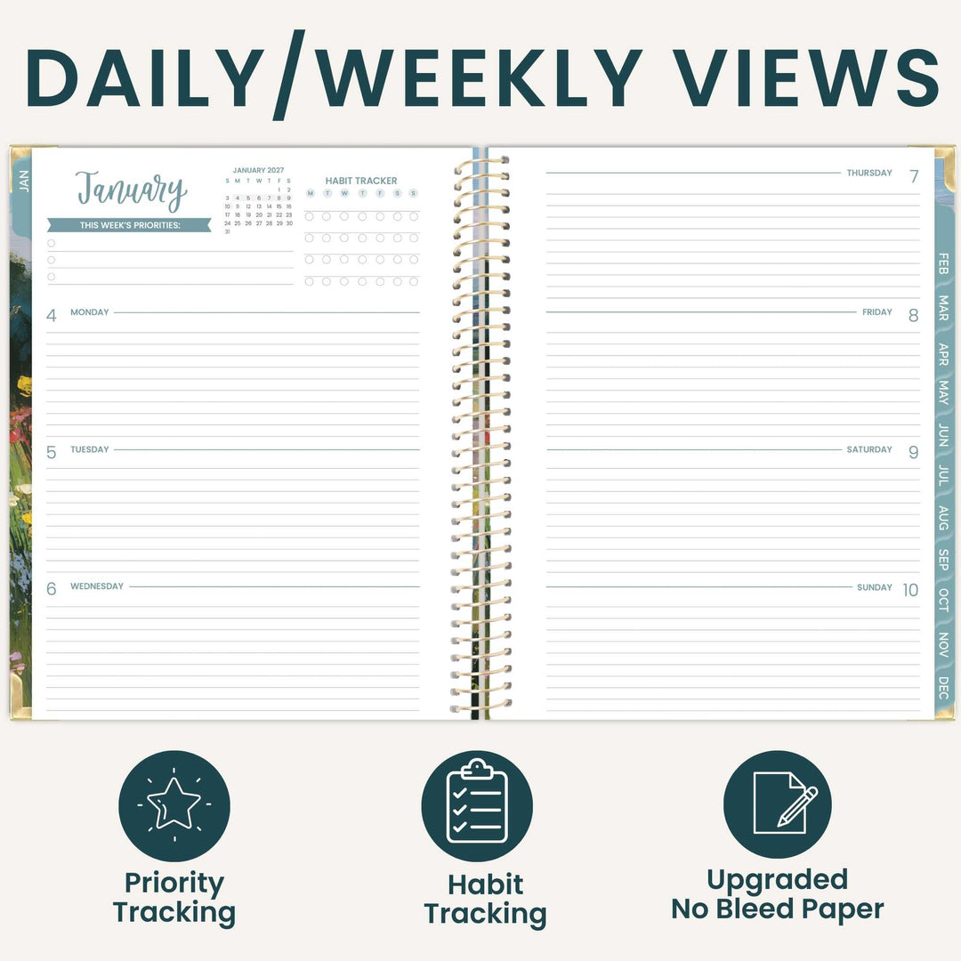An open spiral-bound planner shown from above, with the heading 'DAILY/WEEKLY VIEWS' across the top and three feature icons below: Priority Tracking, Habit Tracking, and Upgraded No Bleed Paper. The planner pages are white with teal and gray printed layouts and date columns.