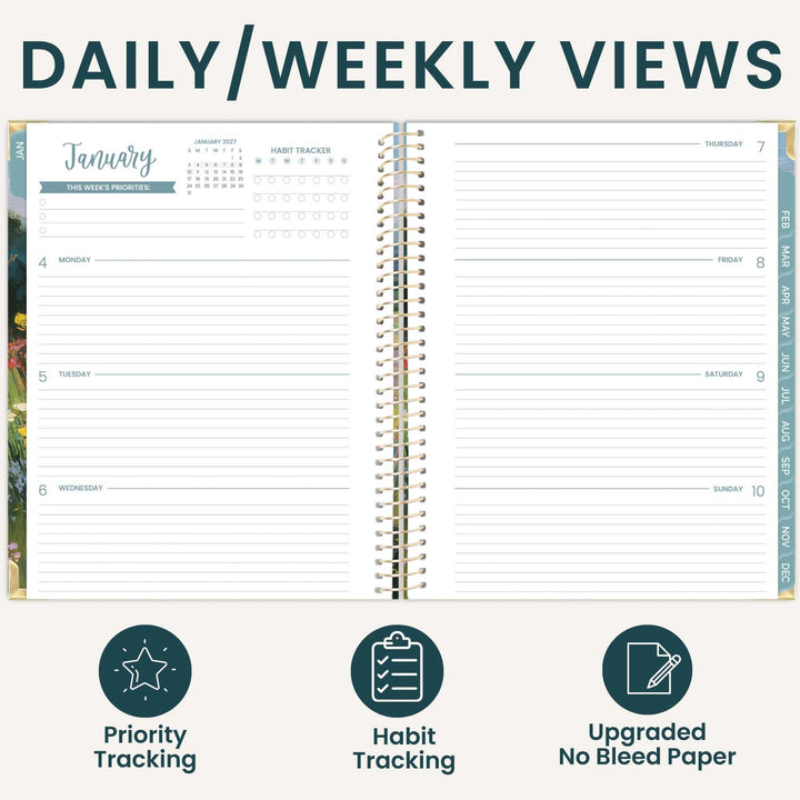 An open spiral-bound planner shown from above, with the heading 'DAILY/WEEKLY VIEWS' across the top and three feature icons below: Priority Tracking, Habit Tracking, and Upgraded No Bleed Paper. The planner pages are white with teal and gray printed layouts and date columns.