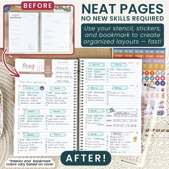 A promotional collage for a planner sticker set showing an open spiral notebook with filled-in before/after layout examples, a sheet of round stickers, and text reading 'NEAT PAGES NO NEW SKILLS REQUIRED' and 'AFTER!'. This is not a clean standalone product shot and not a person-in-environment lifestyle image; it functions as an informational promo graphic, so Instruction Diagram is the best fit among the available categories.