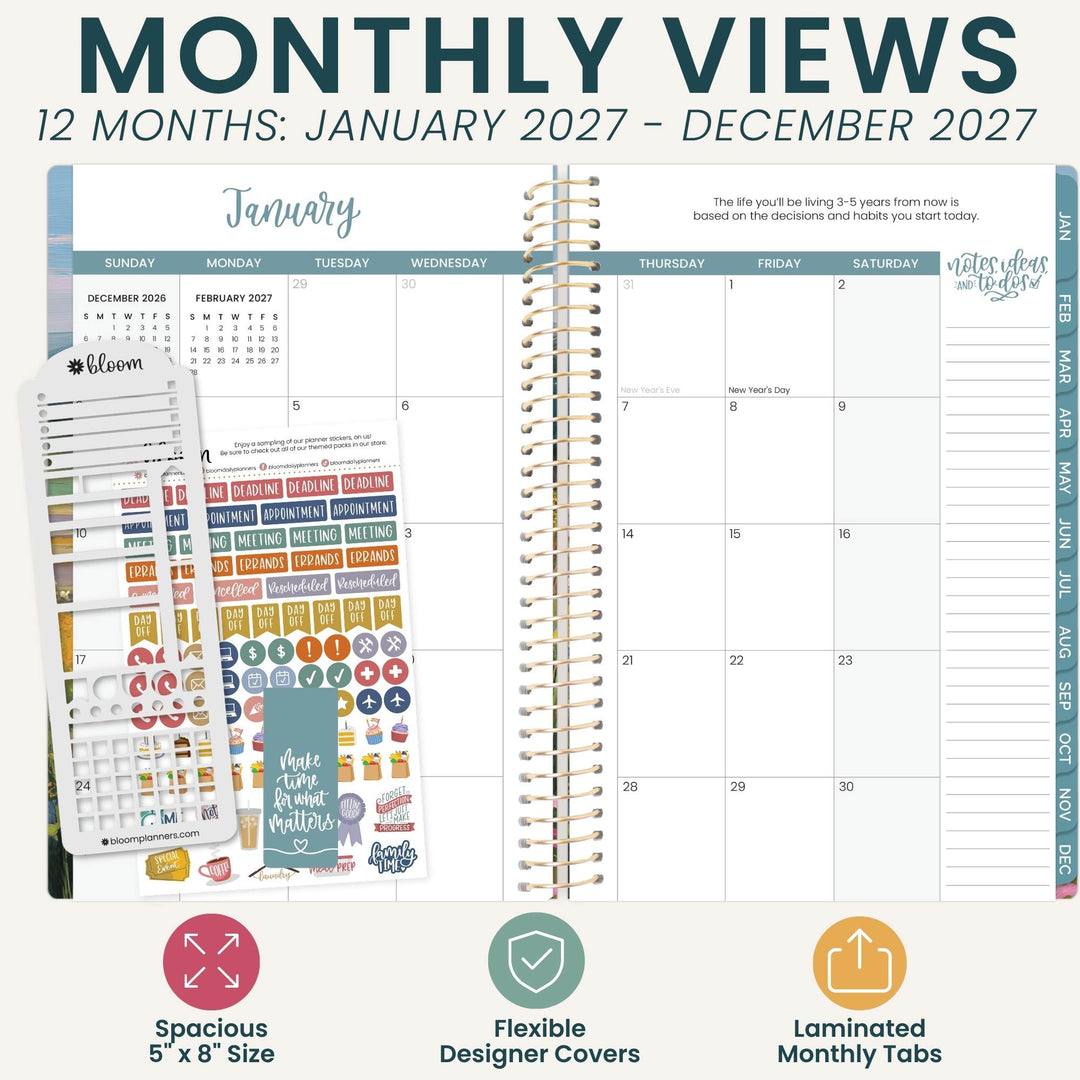 A planner product mockup showing a January monthly view planner page with spiral binding, a sheet of colorful planner stickers, and text reading 'MONTHLY VIEWS 12 MONTHS: JANUARY 2027 - DECEMBER 2027' plus feature icons below.