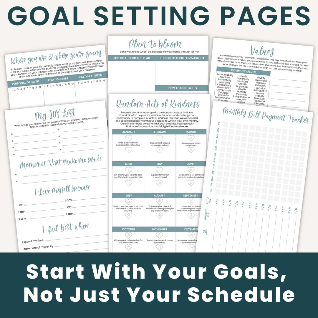 Goal setting pages with various templates on a white background