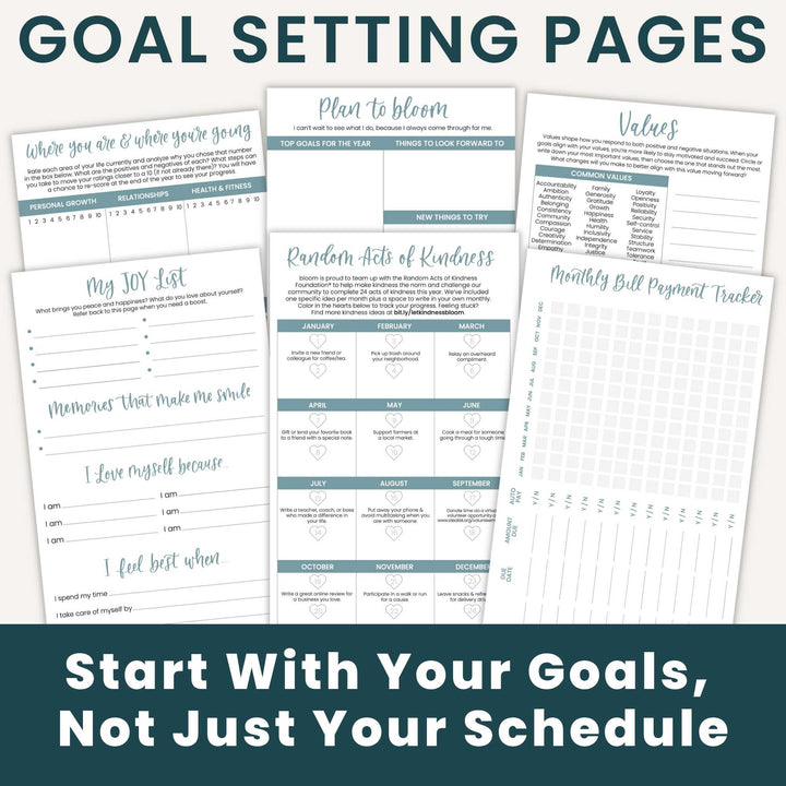 Goal setting pages with various templates on a white background