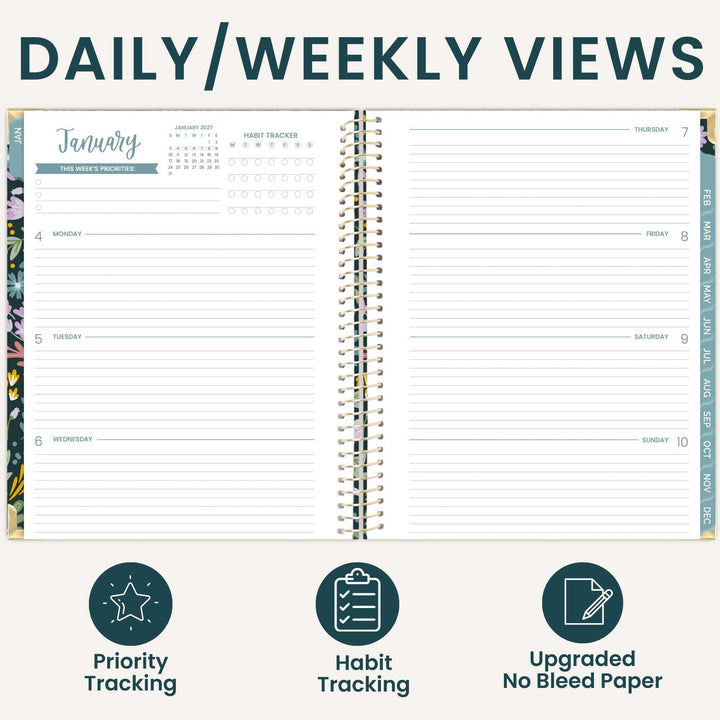 Daily and weekly view of a 2027 bloom planner. 
