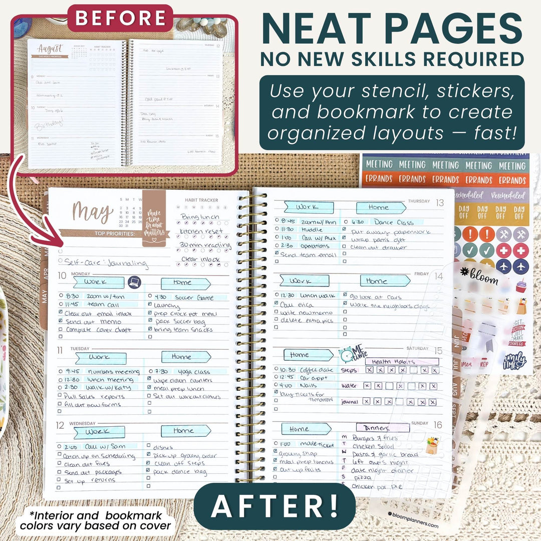 A promotional collage for a planner sticker set showing an open spiral notebook with filled-in before/after layout examples, a sheet of round stickers, and text reading 'NEAT PAGES NO NEW SKILLS REQUIRED' and 'AFTER!'. This is not a clean standalone product shot and not a person-in-environment lifestyle image; it functions as an informational promo graphic, so Instruction Diagram is the best fit among the available categories.