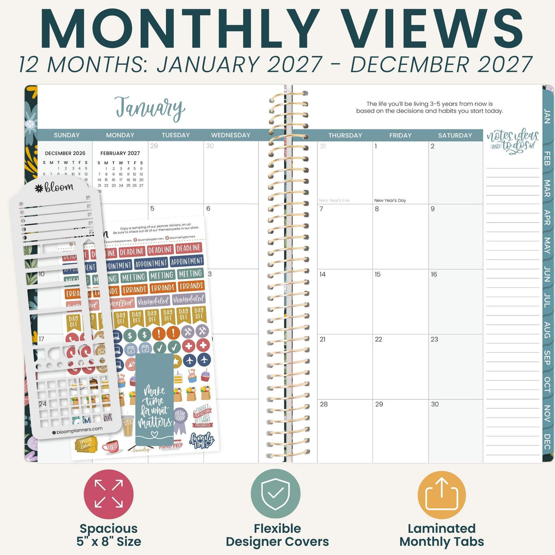 A planner set preview titled 'MONTHLY VIEWS' showing a spiral-bound monthly calendar page with planner stickers and labeled tabs. The image includes text about 12 months from January 2027 to December 2027 and feature callouts for spacious 5 x 8 size, flexible designer covers, and laminated monthly tabs.