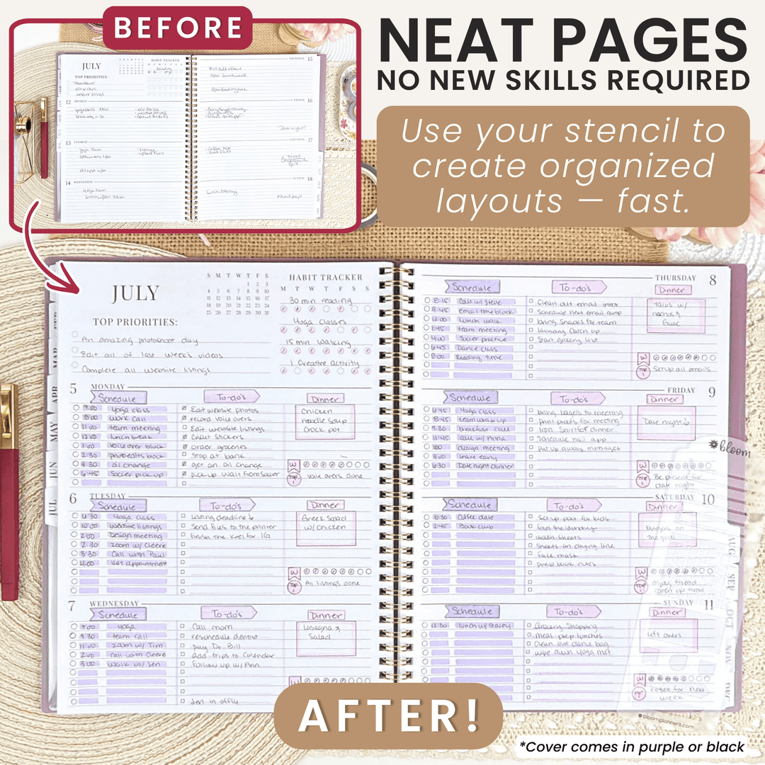 A spiral-bound planner page set shown with before/after marketing text. The main open planner displays organized weekly and monthly layout pages in white with lavender and purple accents.