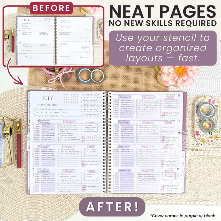 A promotional graphic for a planner stencil set, showing an open spiral planner with printed layout pages and decorative props around it. Text reads 'BEFORE' and 'AFTER!' with the headline 'NEAT PAGES NO NEW SKILLS REQUIRED' and a callout to use the stencil to create organized layouts fast.