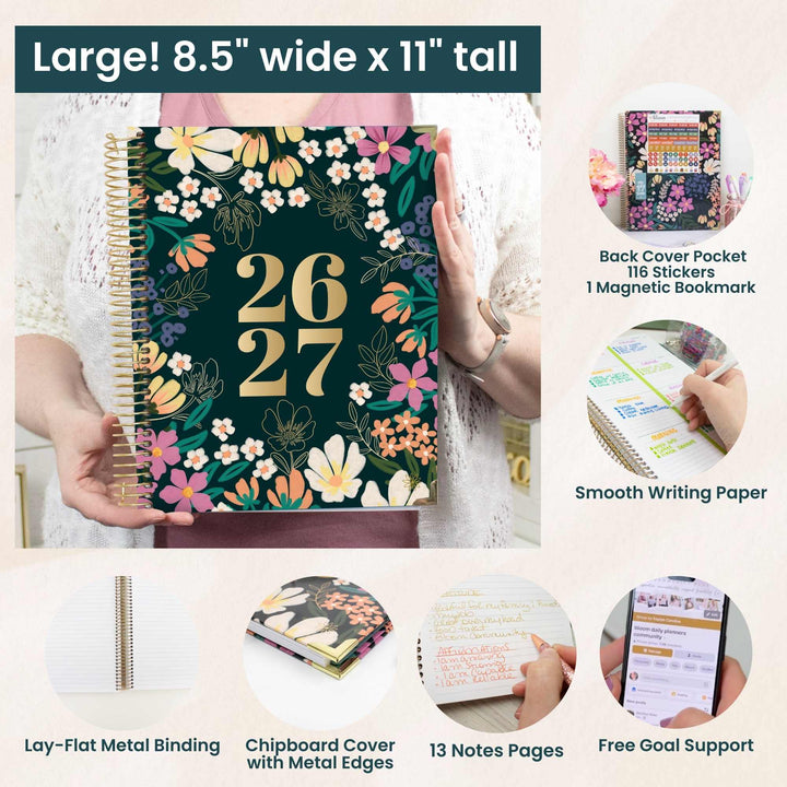 Floral planner with features highlighted on a light background