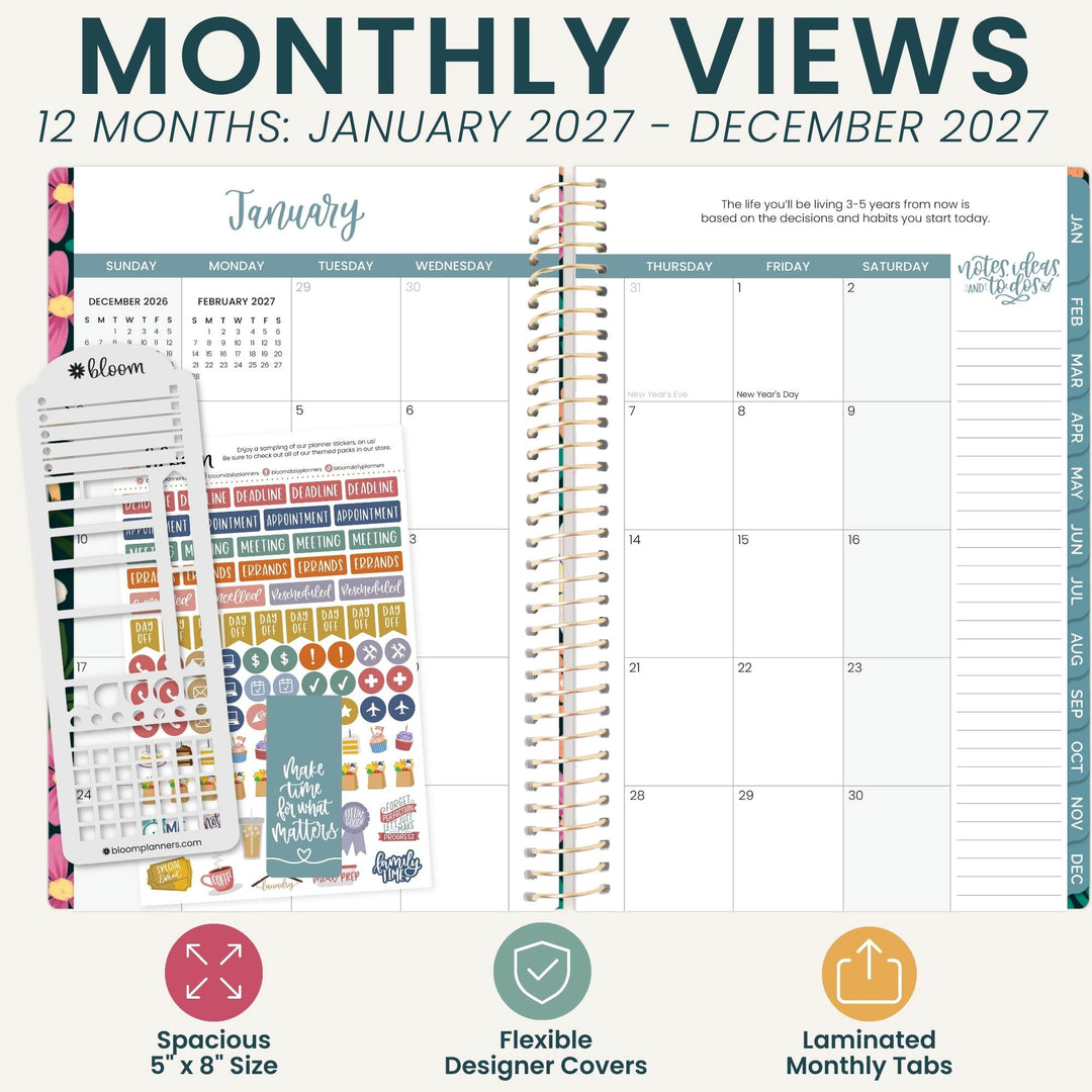 A planner product mockup showing a spiral-bound monthly calendar page with a January view, plus sticker sheets and planner covers. Large text at the top reads 'MONTHLY VIEWS 12 MONTHS: JANUARY 2027 - DECEMBER 2027' and feature callouts at the bottom mention spacious 5 x 8 size, flexible designer covers, and laminated monthly tabs.