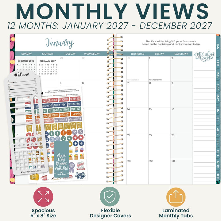 A planner product mockup showing a spiral-bound monthly calendar page with a January view, plus sticker sheets and planner covers. Large text at the top reads 'MONTHLY VIEWS 12 MONTHS: JANUARY 2027 - DECEMBER 2027' and feature callouts at the bottom mention spacious 5 x 8 size, flexible designer covers, and laminated monthly tabs.