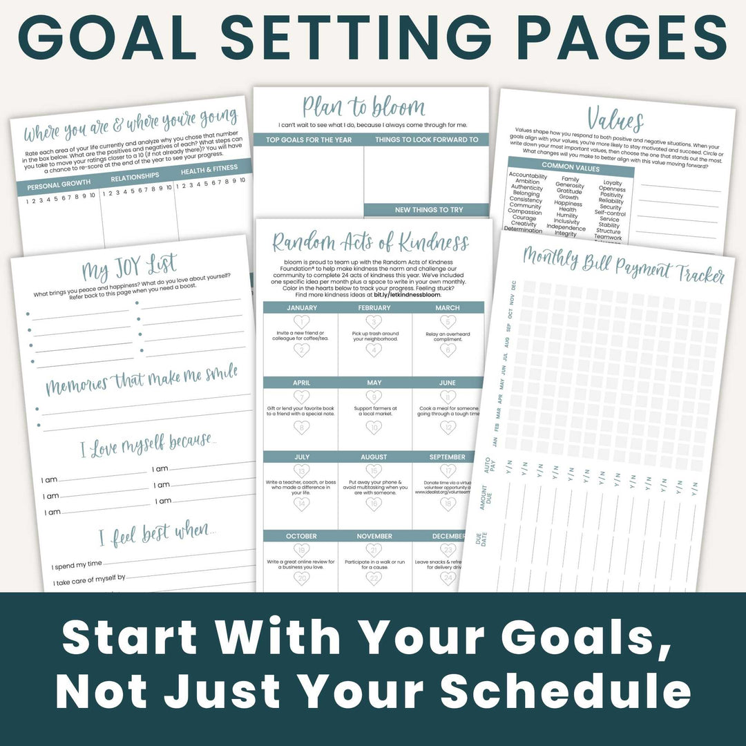 Details of goal setting pages like joy list, bill tracking, and more. 
