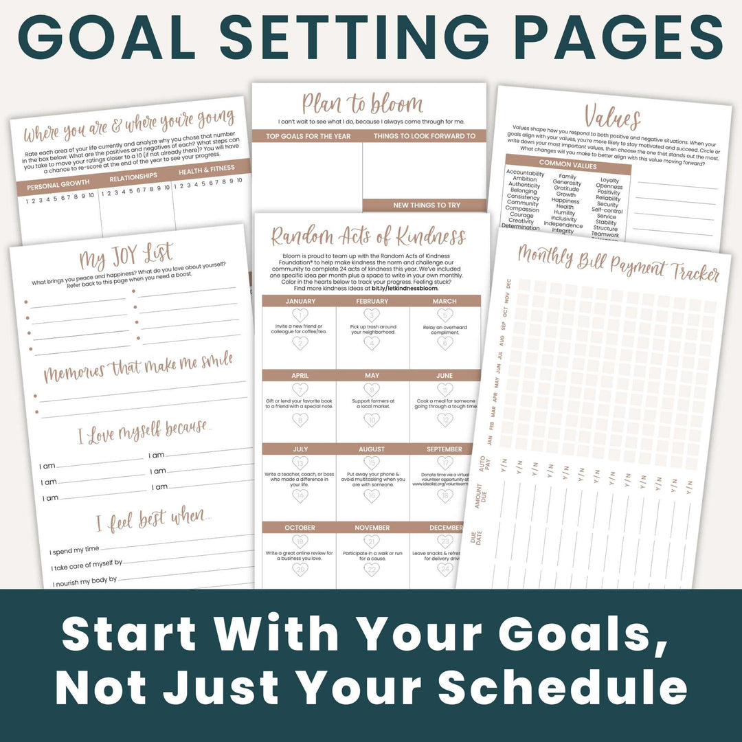 Goal setting pages in the planner like a joy list, values page, and life assessment. 