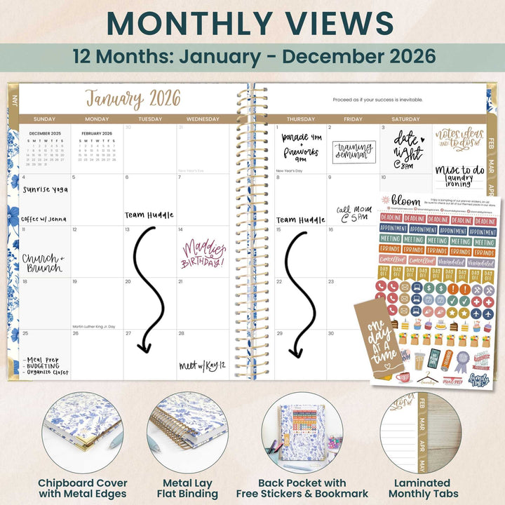 2026 Hard Cover Planner, 8.5" x 11", Blue & White Floral