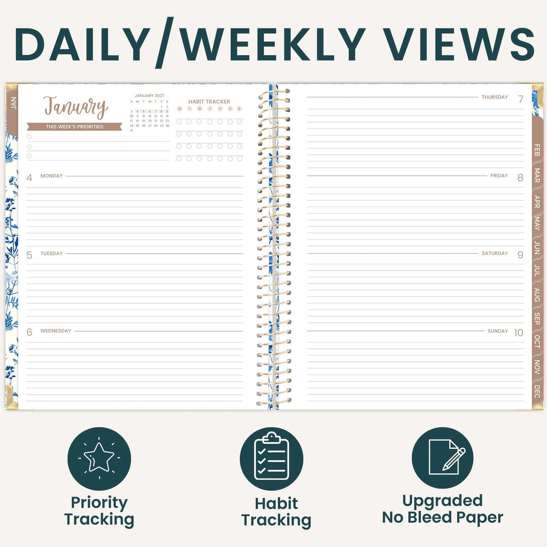 Daily and weeky view of a 2027 bloom planner.