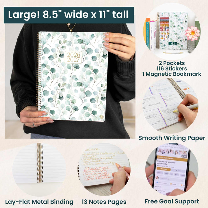2026-2027 planner held by a person with features listed on the screen