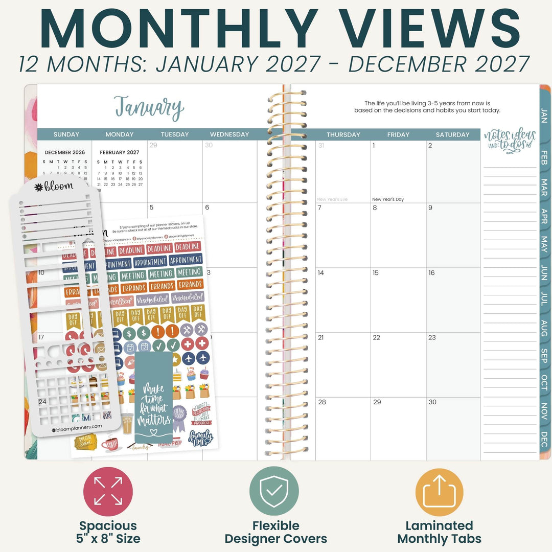 A planner product mockup showing a spiral-bound monthly view planner for 12 months, with sticker sheets and planner tabs displayed beside it. Large text at the top reads 'MONTHLY VIEWS 12 MONTHS: JANUARY 2027 - DECEMBER 2027,' and feature icons and labels appear along the bottom.
