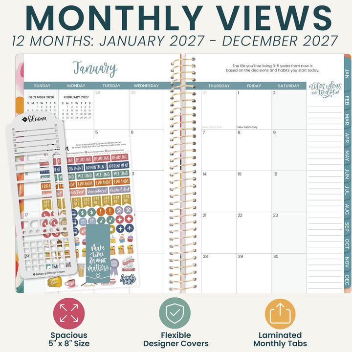 A planner product mockup showing a spiral-bound monthly view planner for 12 months, with sticker sheets and planner tabs displayed beside it. Large text at the top reads 'MONTHLY VIEWS 12 MONTHS: JANUARY 2027 - DECEMBER 2027,' and feature icons and labels appear along the bottom.