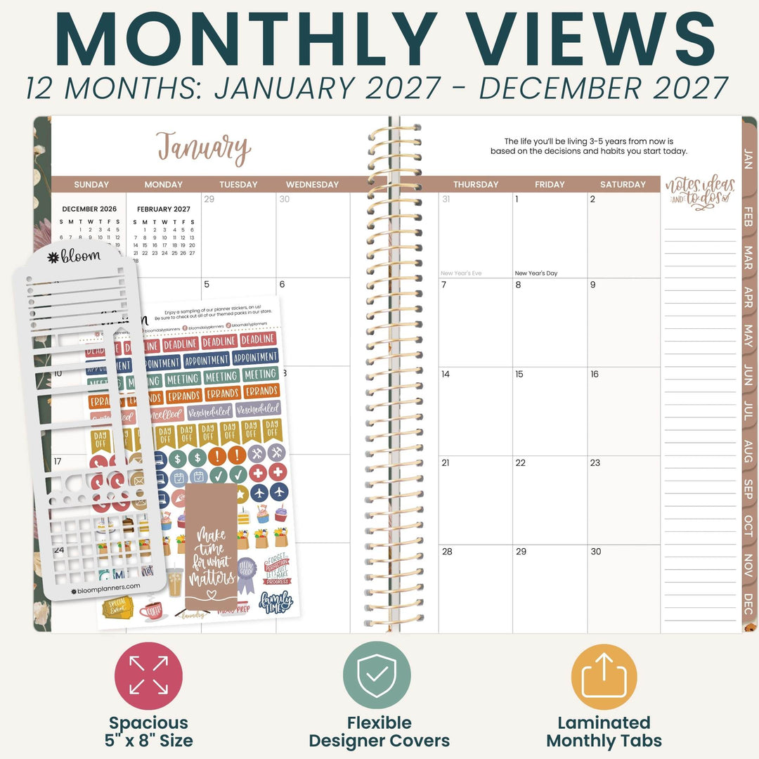 A planner product mockup showing a monthly view layout for 12 months, with a spiral-bound planner page, sticker sheets, and text highlighting features like spacious 5 x 8 size, flexible designer covers, and laminated monthly tabs.